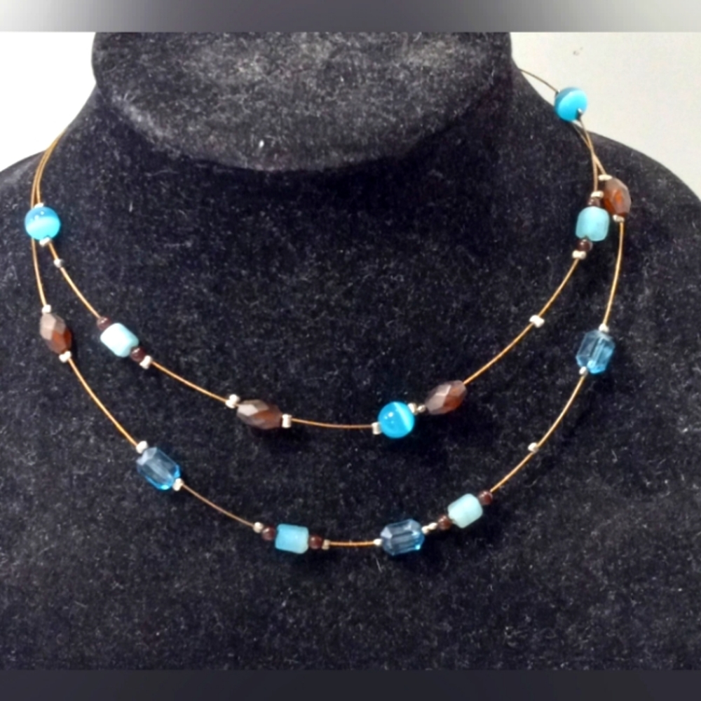 Floating Blue Cats Eye Beaded Choker Gold Tone